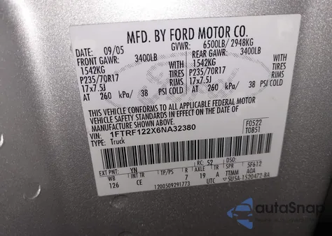 2006 Ford F-150 Stx/Xl/Xlt из США, поврежденный, VIN 1FTRF122X6NA32380